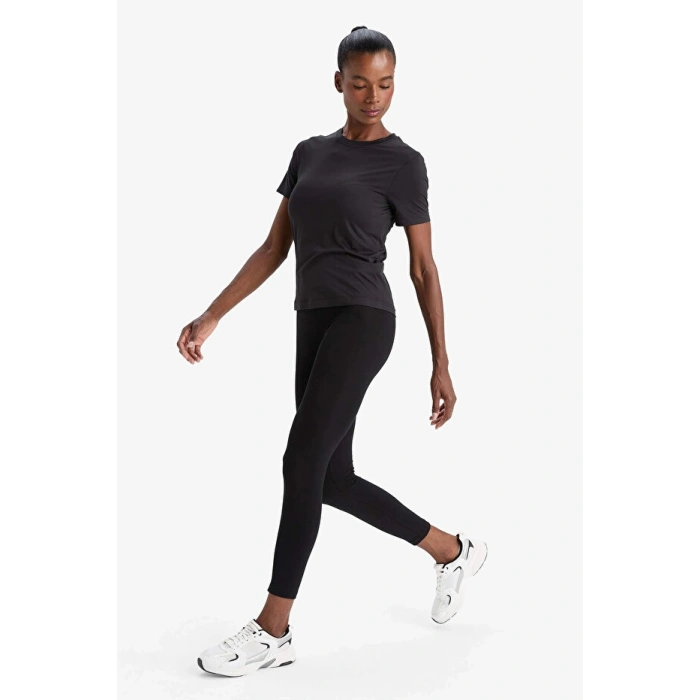 Siyah DeFactoFit Yüksek Bel Beli Saran Pamuklu Basic Düz Sporcu Tayt