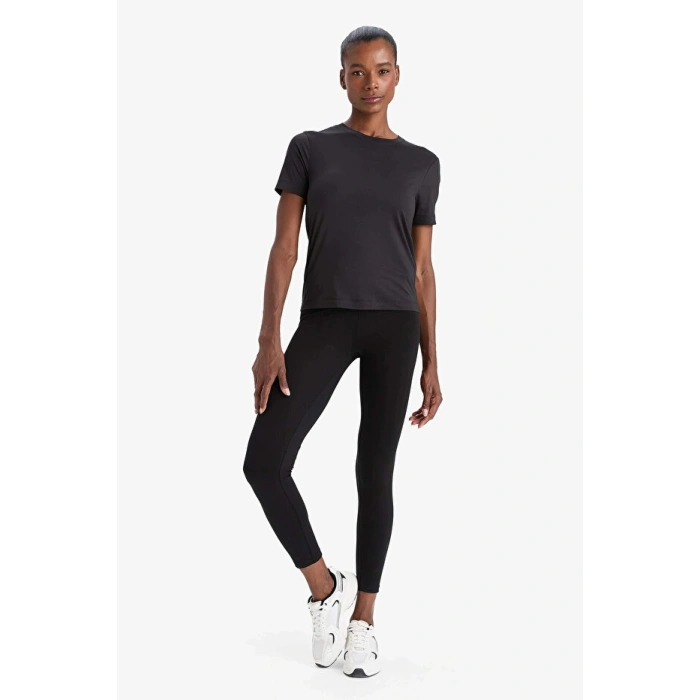 Siyah DeFactoFit Yüksek Bel Beli Saran Pamuklu Basic Düz Sporcu Tayt