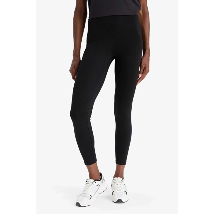 Siyah DeFactoFit Yüksek Bel Beli Saran Pamuklu Basic Düz Sporcu Tayt