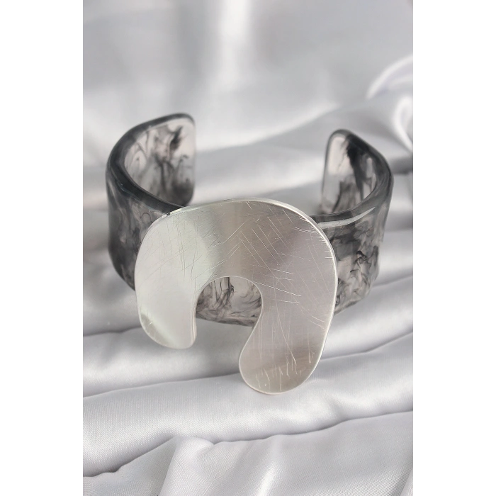 Siyah Mermer Desen Akrilik Plaka Vintage Kadın Bilezik