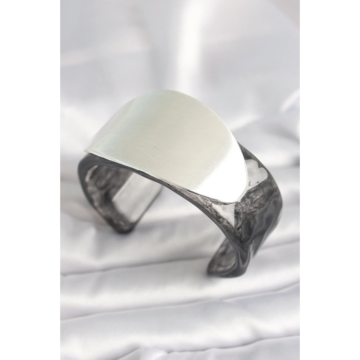 Siyah Mermer Desen Akrilik Plastik Gümüş Oval Plaka Model Vintage Kadın Bilezik