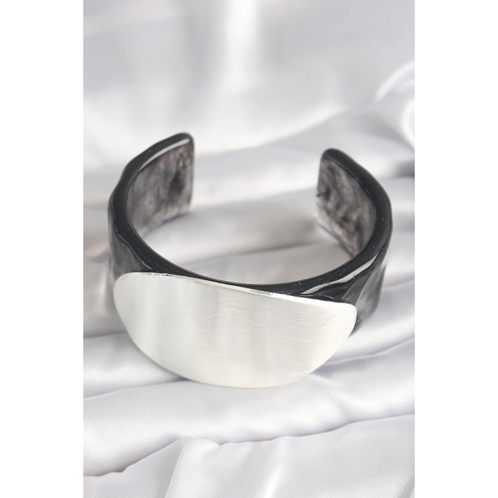 Siyah Mermer Desen Akrilik Plastik Gümüş Oval Plaka Model Vintage Kadın Bilezik