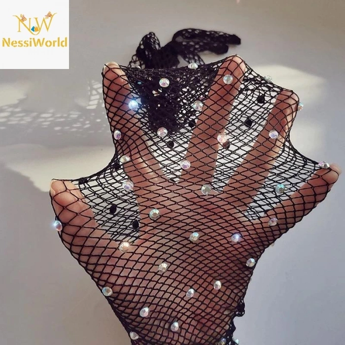 Siyah Renk İncili Elmas İşlemeli File Örgü Uzun Eldiven 45 cm