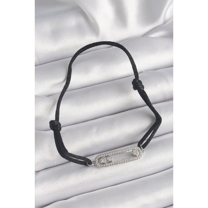 Siyah Renk İpli Asansör Zirkon Taşlı Gümüş Messika Model Kadın Bileklik