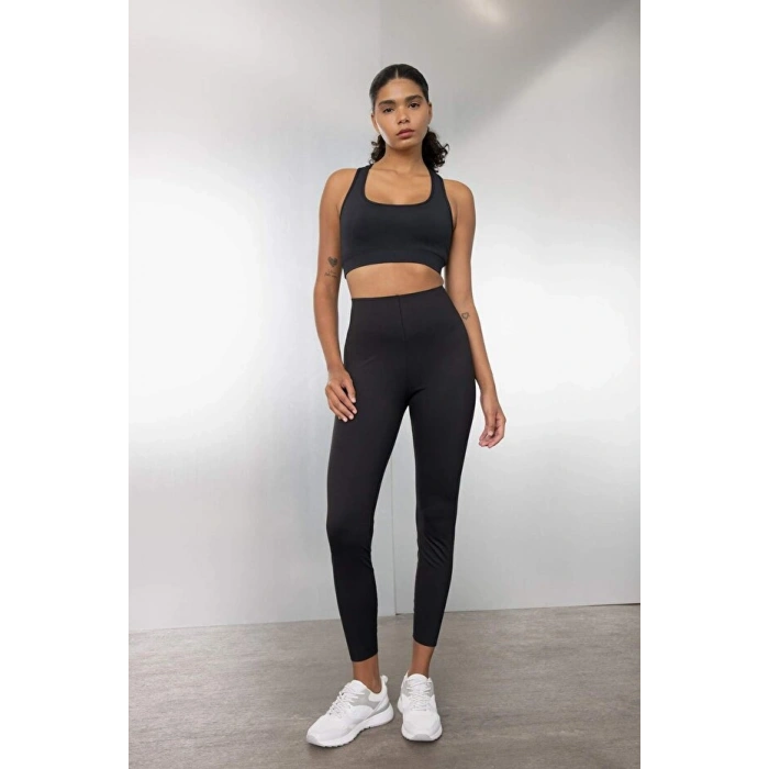 Siyah Yüksek Bel Beli Saran Toparlayıcı Esnek Premium Sporcu Tayt