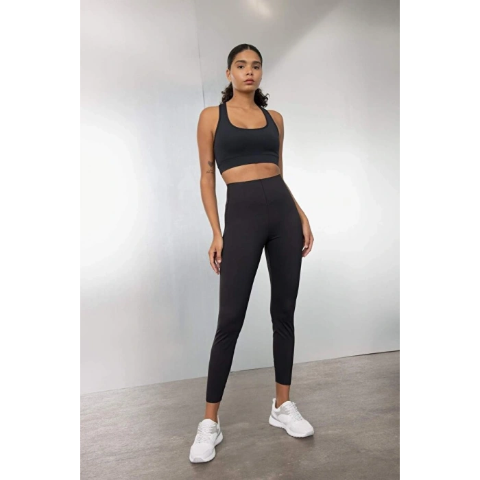 Siyah Yüksek Bel Beli Saran Toparlayıcı Esnek Premium Sporcu Tayt