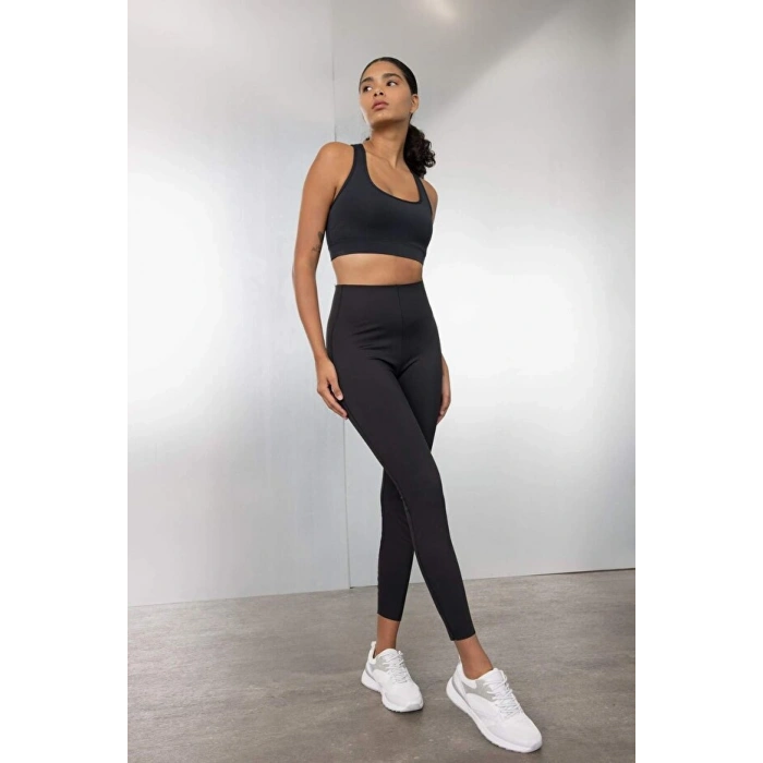 Siyah Yüksek Bel Beli Saran Toparlayıcı Esnek Premium Sporcu Tayt