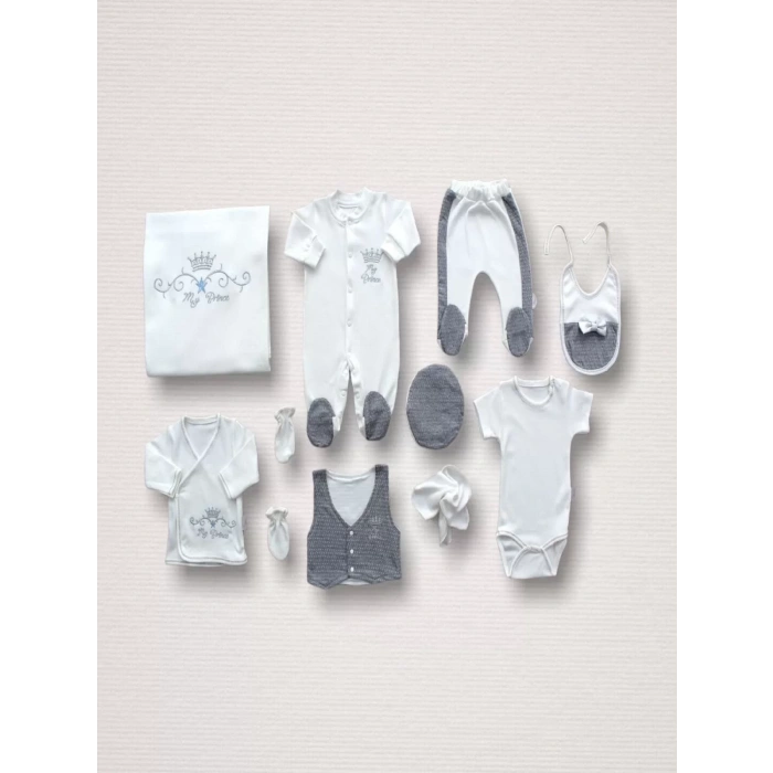 Süper Prens Nakışlı  10Lu Zıbın Takımı Hastane Çıkışı Gri