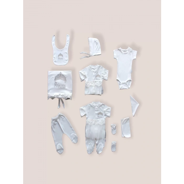 Taçlı Prensesim Nakışlı  10Lu Zıbın Takımı Hastane Çıkışı Ekru