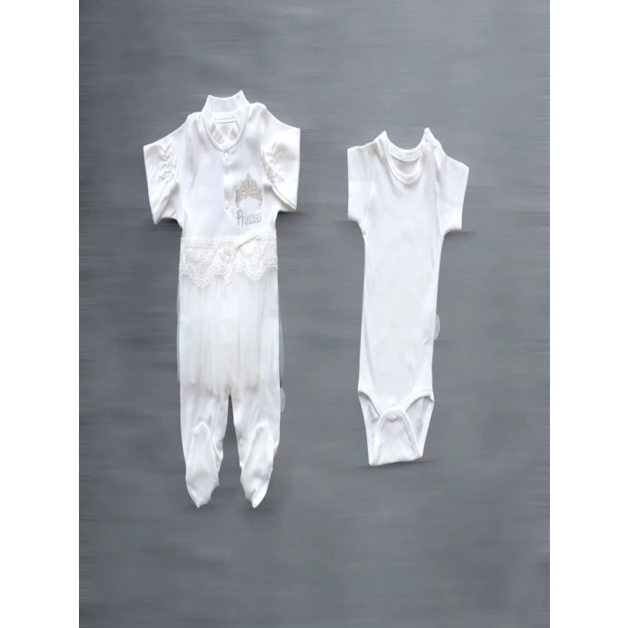 Taçlı Prensesim Nakışlı  10Lu Zıbın Takımı Hastane Çıkışı Ekru