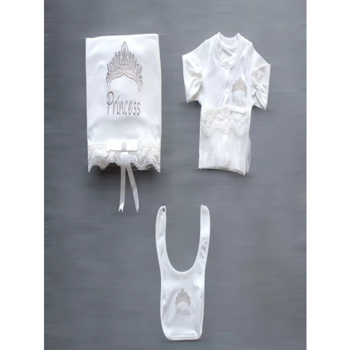 Taçlı Prensesim Nakışlı  10Lu Zıbın Takımı Hastane Çıkışı Ekru