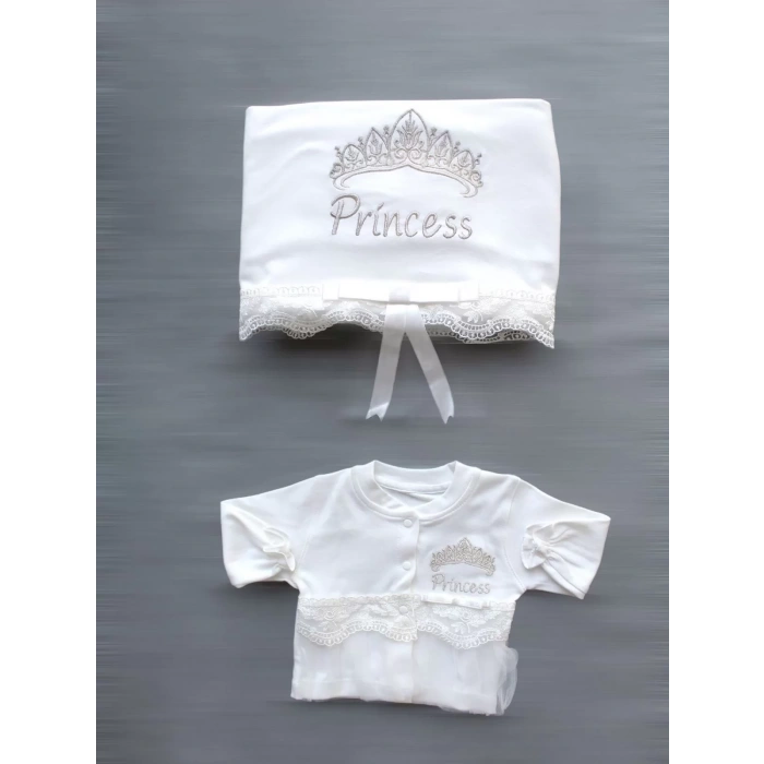 Taçlı Prensesim Nakışlı  10Lu Zıbın Takımı Hastane Çıkışı Ekru