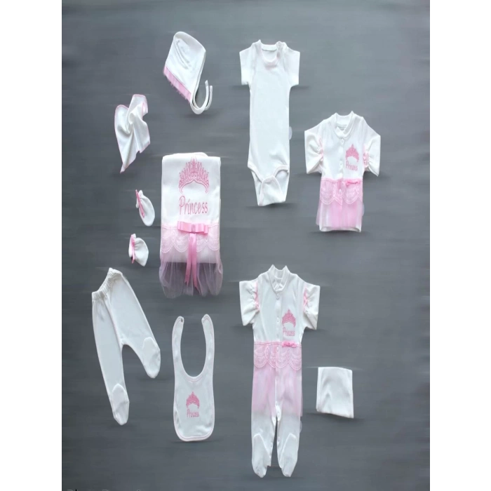 Taçlı Prensesim Nakışlı  10Lu Zıbın Takımı Hastane Çıkışı Pembe