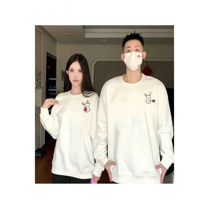 TAVŞAN BASKILI SEVGİLİ ÇİFT KOMBİNİ KAPÜŞONLU SWEATSHİRT & HODİE - BEYAZ