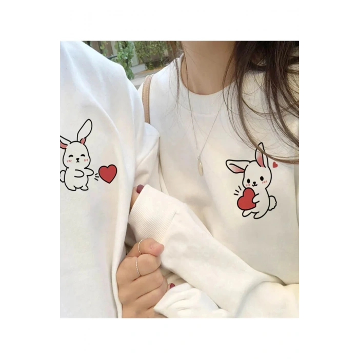 TAVŞAN BASKILI SEVGİLİ ÇİFT KOMBİNİ KAPÜŞONLU SWEATSHİRT & HODİE - BEYAZ