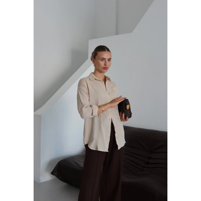 Tek cepli müslin gömlek bej pt