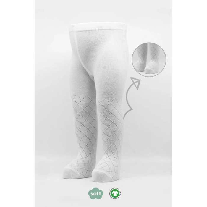 Tekli Ekose Kabartma Penye Külotlu Çorap BS50105 Beyaz