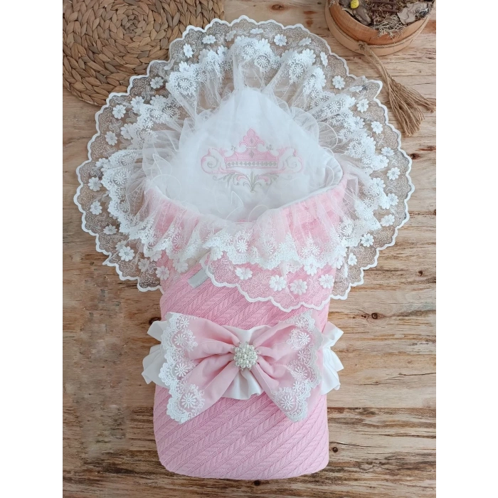 Terinakışlı İncili Güpür Çift Fiyonk Papatya Güpür Trilüks Kundak Bebek Battaniyesi Pembe