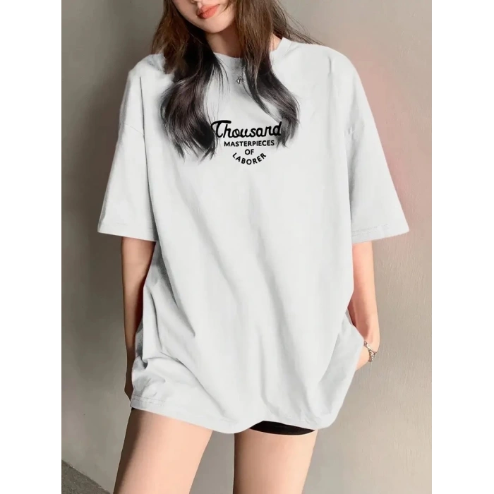 THOUSAND ÖN ARKA BASKILI OVERSİZE BİSİKLET YAKA T-SHİRT - BEYAZ