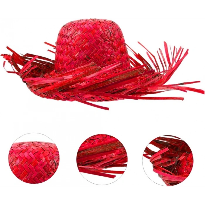 Tropikal Parti Kırmızı Hasır Hawaii Şapkası 13x36 cm