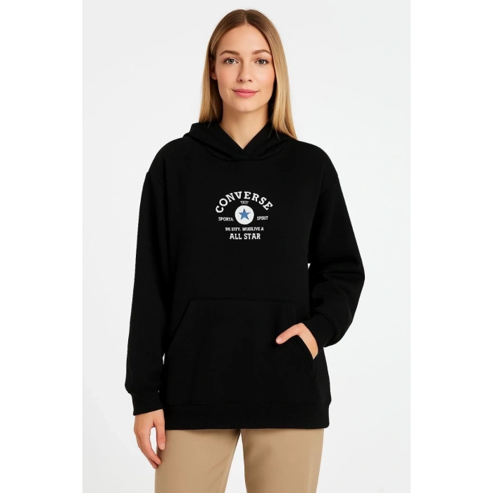 Kadın Kapşonlu Sweatshirt – Üç İplik Şardonlu Kumaş, Oversize Fit, Ön & Arka Baskılı, Kanguru Cepli, Kışlık Rahat Hoodie- Siyah