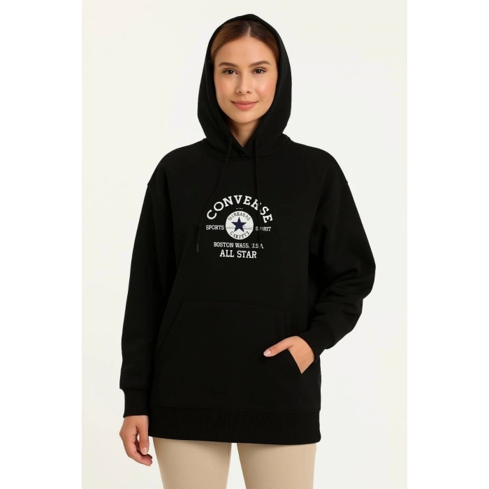 Kadın Kapşonlu Sweatshirt – Üç İplik Şardonlu Kumaş, Oversize Fit, Ön & Arka Baskılı, Kanguru Cepli, Kışlık Rahat Hoodie- Siyah