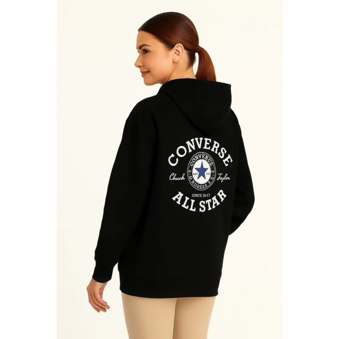 Kadın Kapşonlu Sweatshirt – Üç İplik Şardonlu Kumaş, Oversize Fit, Ön & Arka Baskılı, Kanguru Cepli, Kışlık Rahat Hoodie- Siyah