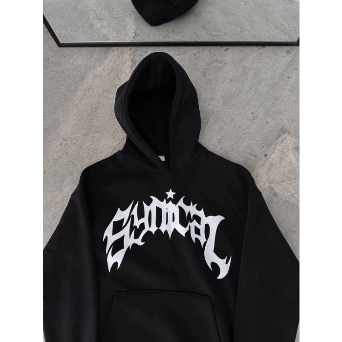 Üç İplik Kapüşonlu Baskılı Oversize SweatShirt- Siyah