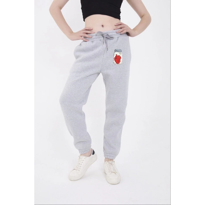 ÜÇ İPLİK LASTİKLİ BASKILI EŞOFMAN PANTOLON - GRİ