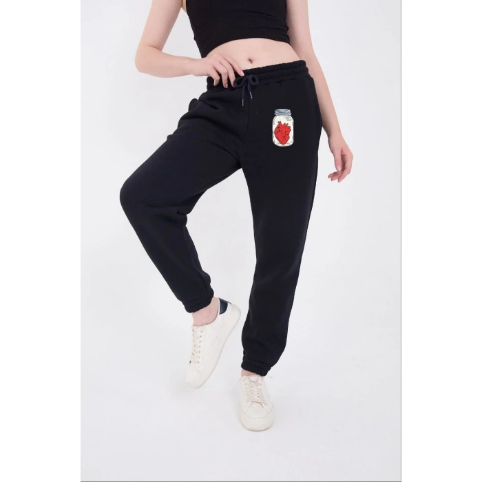 ÜÇ İPLİK LASTİKLİ BASKILI EŞOFMAN PANTOLON - LACİVERT