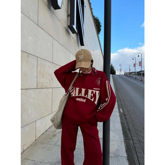 Üç İplik Yakalı Sweat Baggy Pantalonlu Takım - Bordo