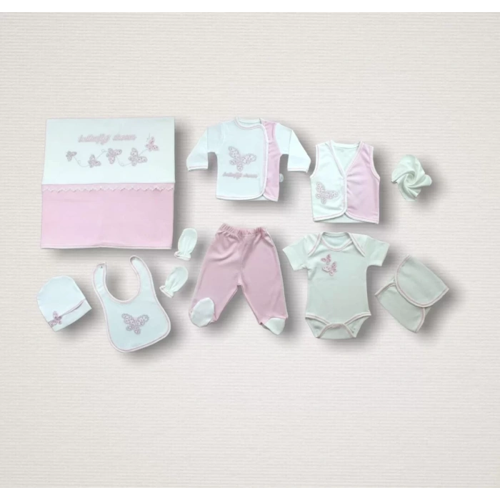 Uçan Kelebekler Nakışlı  10Lu Zıbın Takımı Hastane Çıkışı Pembe