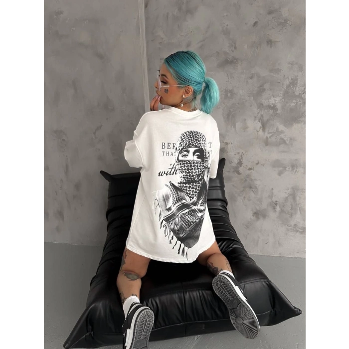 UNİSEX BASKILI OVERSİZE T-SHİRT - BEYAZ