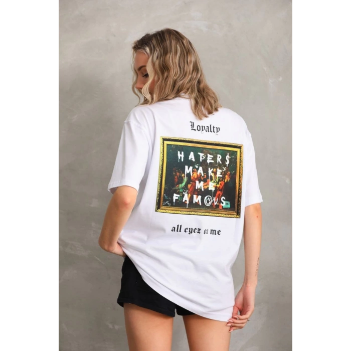 UNİSEX BASKILI OVERSİZE T-SHİRT - BEYAZ