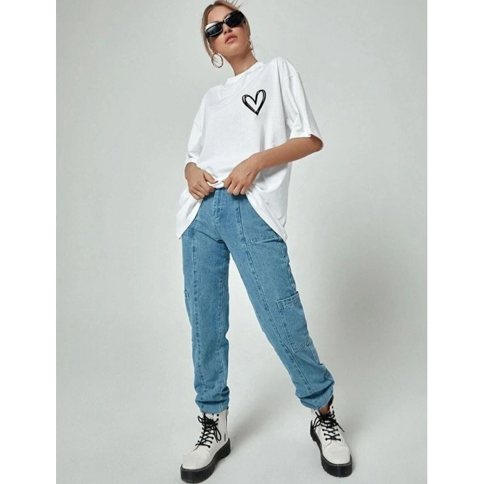 UNİSEX BASKILI OVERSİZE T-SHİRT - BEYAZ