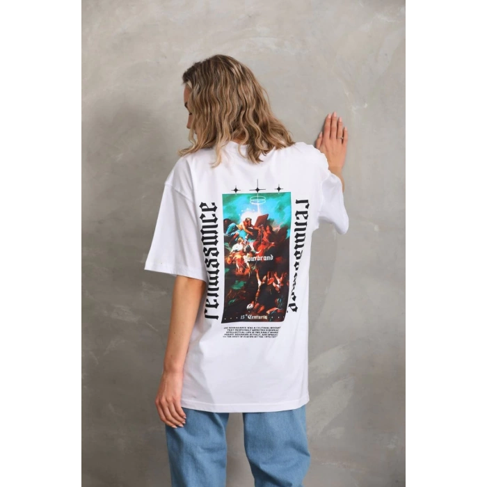 UNİSEX BASKILI OVERSİZE T-SHİRT - BEYAZ