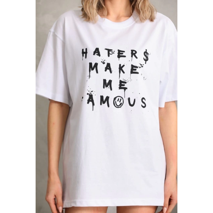 UNİSEX BASKILI OVERSİZE T-SHİRT - BEYAZ