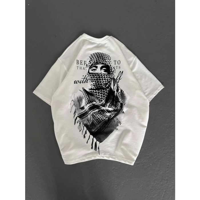 UNİSEX BASKILI OVERSİZE T-SHİRT - BEYAZ