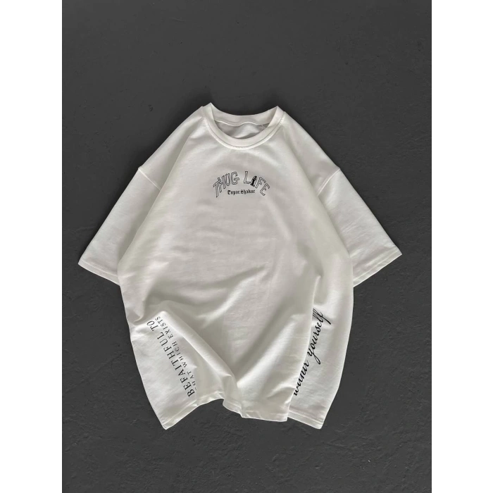 UNİSEX BASKILI OVERSİZE T-SHİRT - BEYAZ