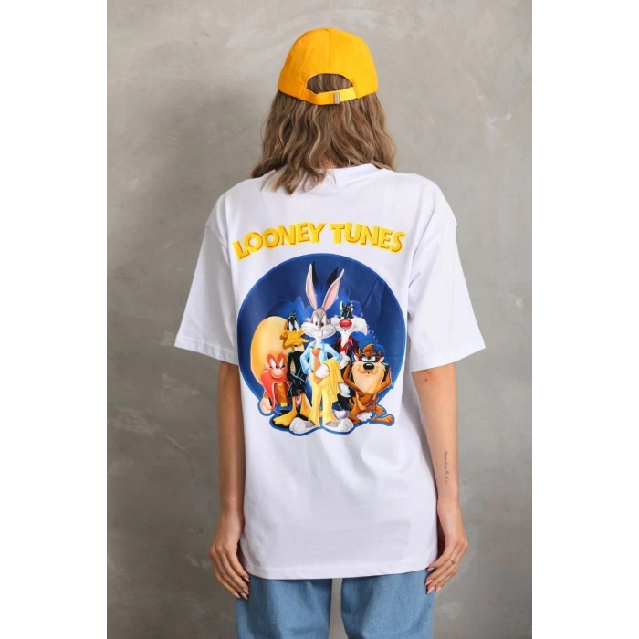 UNİSEX BASKILI OVERSİZE T-SHİRT - BEYAZ