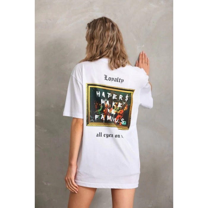UNİSEX BASKILI OVERSİZE T-SHİRT - BEYAZ