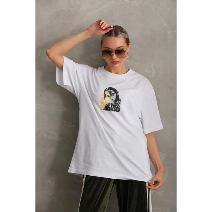 UNİSEX BASKILI OVERSİZE T-SHİRT - BEYAZ