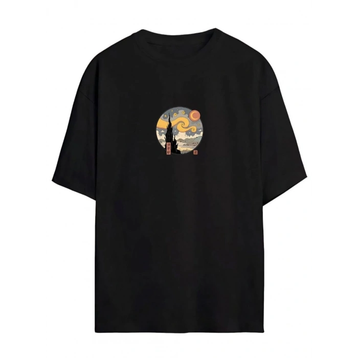 UNİSEX BASKILI OVERSİZE T-SHİRT - SİYAH