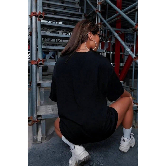 UNİSEX BASKILI OVERSİZE T-SHİRT - SİYAH