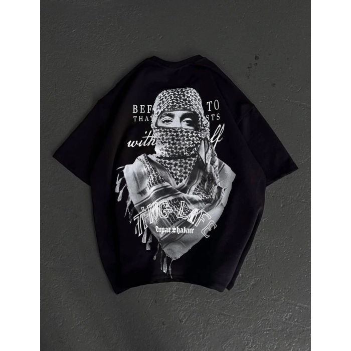 UNİSEX BASKILI OVERSİZE T-SHİRT - SİYAH