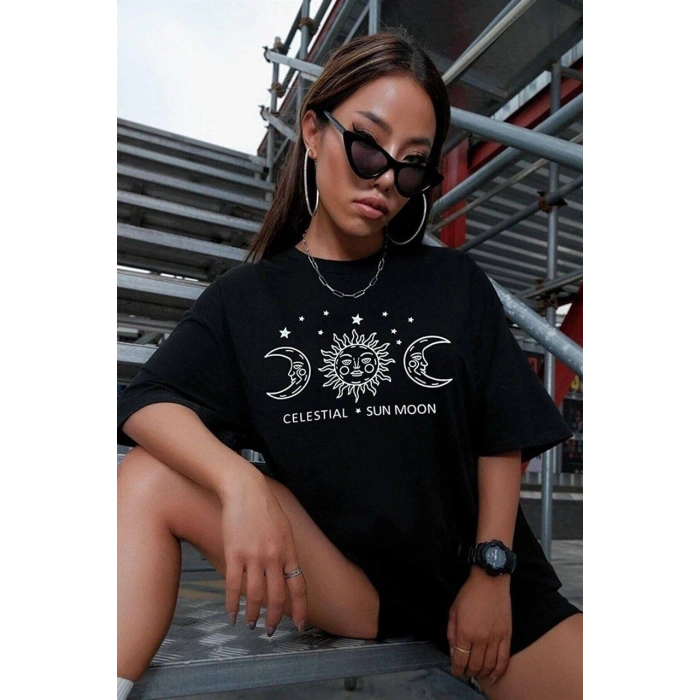 UNİSEX BASKILI OVERSİZE T-SHİRT - SİYAH