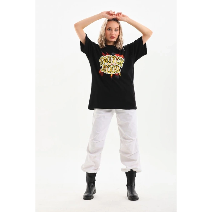 UNİSEX BASKILI OVERSİZE T-SHİRT - SİYAH