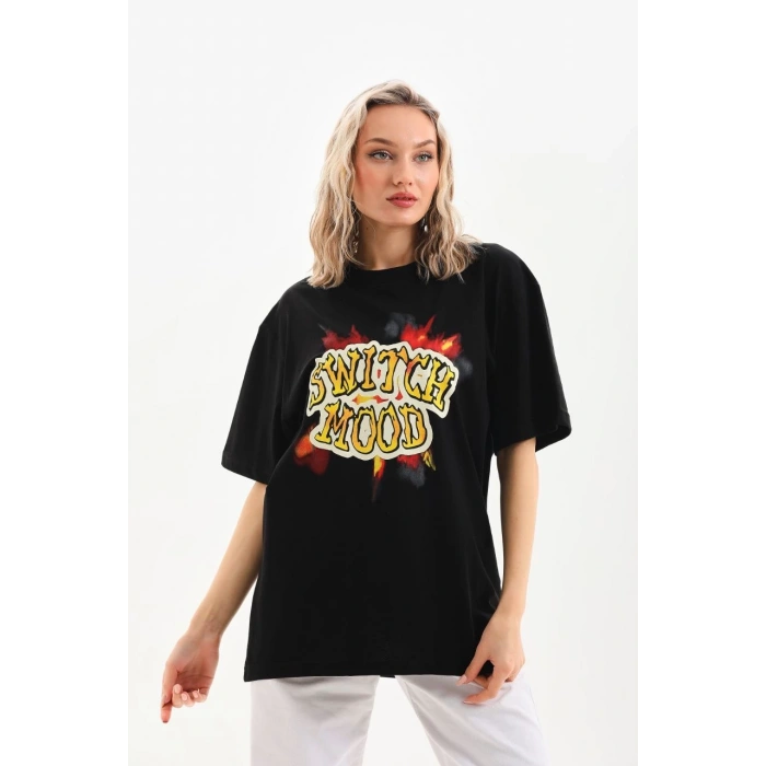 UNİSEX BASKILI OVERSİZE T-SHİRT - SİYAH