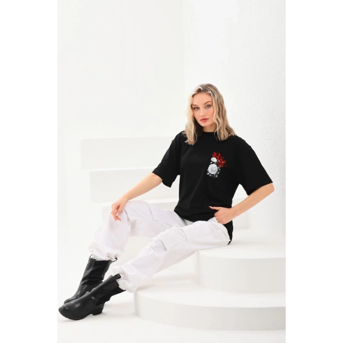 UNİSEX BASKILI OVERSİZE T-SHİRT - SİYAH