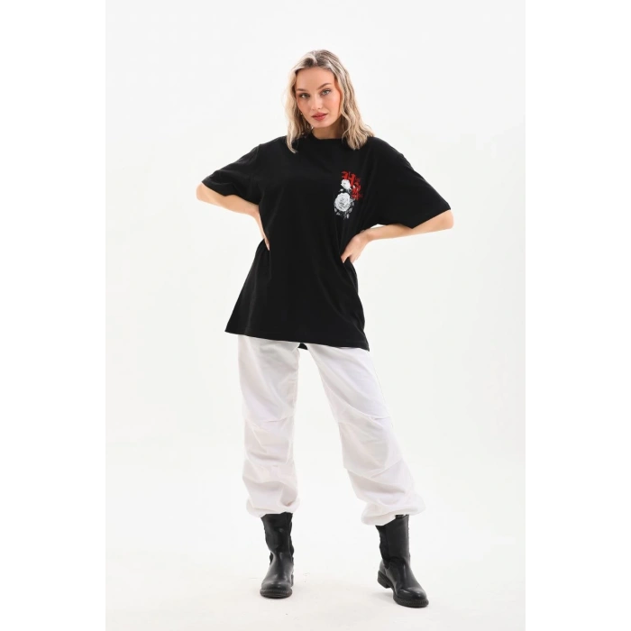 UNİSEX BASKILI OVERSİZE T-SHİRT - SİYAH